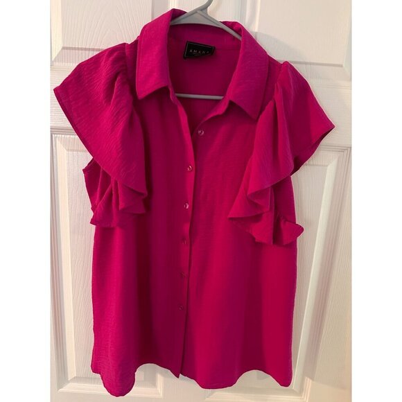 Amana Magenta Pink Ruffle button down blouse size medium - Picture 1 of 5